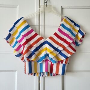 Color Me Courtney Holly Ruffle Crop Top - Rainbow Stripe V Neck 0